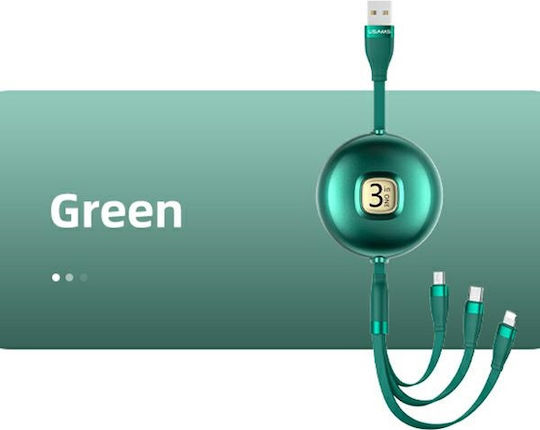 Usams US-SJ508 Ausziehbar USB zu Blitzschlag / Typ-C,TC-TC / Micro-USB Kabel Grün 1m (SJ508USB03)