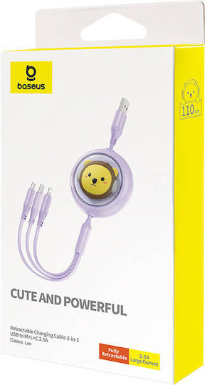 Baseus Retractable USB to Type-C Cable 3.5A Μωβ 1.1m