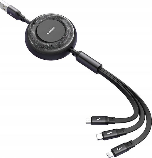 Mcdodo Flach / Ausziehbar USB zu Typ-C,TC-TC / Blitzschlag / Micro-USB Kabel 3A Schwarz 1.2m (CA-3570)