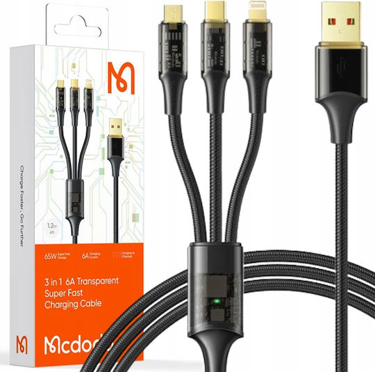 Mcdodo Braided Cablu USB la Type-C / Lightning / micro USB cu mai multe porturi 6A Negru 1.2m (CA-3330)