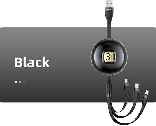 Usams US-SJ508 Подвижен USB към Lightning / Type-C / micro USB Кабел Черен 1м (SJ508USB01)