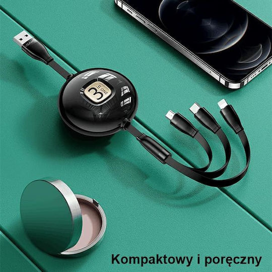 Usams US-SJ508 Подвижен USB към Lightning / Type-C / micro USB Кабел Черен 1м (SJ508USB01)