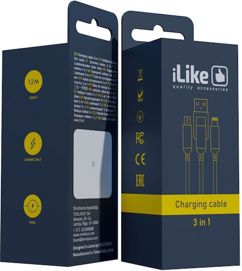 iLike Braided USB to Lightning / Type-C / micro USB 1.2m Cable Red (CCI02RD)