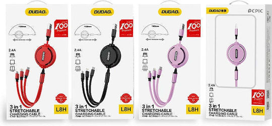 Dudao L8H Retractable USB to micro USB / Type-C / Lightning Cable Μωβ 1.1m