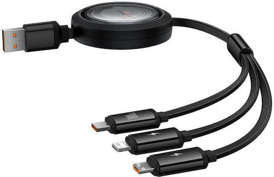 Baseus Free2draw Flat Cablu USB la Lightning / Type-C / micro USB cu mai multe porturi 6A Negru 1.1m (P10368700111-03)
