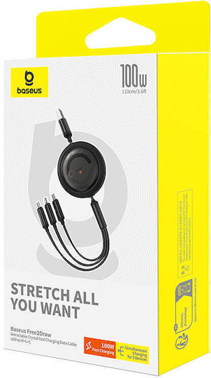 Baseus Free2draw Flat Cablu USB la Lightning / Type-C / micro USB cu mai multe porturi 6A Negru 1.1m (P10368700111-03)