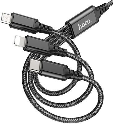 Hoco Braided Cablu USB la Lightning / Type-C / micro USB cu mai multe porturi 2A Black 1m