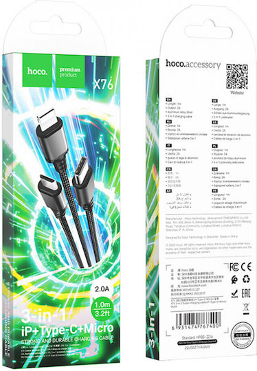 Hoco X76 Braided USB to Lightning / Type-C / micro USB 1m 2A Cable (HC-X763IN1-BK)