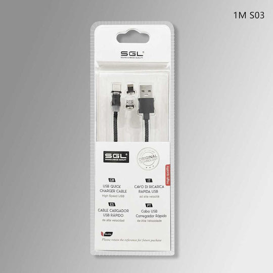 SGL S03 Magnetisch USB zu Blitzschlag / Typ-C,TC-TC / Micro-USB Kabel Schwarz 1m (099422)