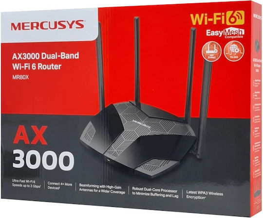 Mercusys MR80X v3 Drahtlos Router Wi-Fi 6 mit 3 Anschlüssen Gigabit Ethernet