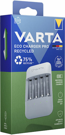 Varta Eco Charger Pro Recycled USB 4 за батерии Ni-MH Размер AA/AAA в Черен цвят