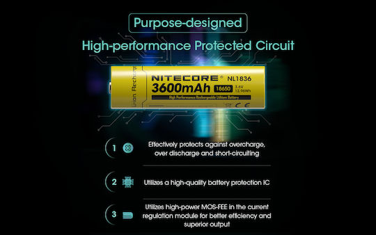 NiteCore NL1836 Επαναφορτιζόμενη Μπαταρία 18650 Li-ion 3600mAh 3.6V 1τμχ