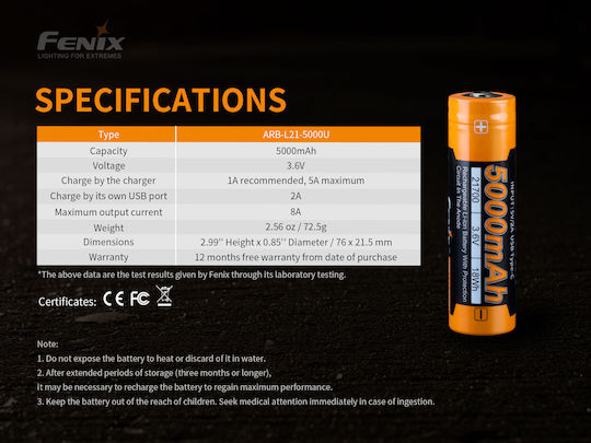 Fenix FE21700USB Επαναφορτιζόμενη Μπαταρία 21700 Li-ion 5000mAh 3.6V 1τμχ