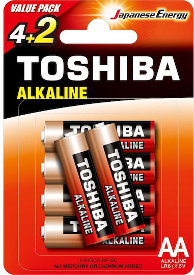 Toshiba 6 Pack Alkaline Batteries AA Red LR03 1.5V 163099