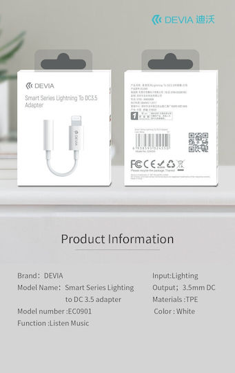 Devia Converter Lightning male to 3.5mm female White 1pcs EC0901