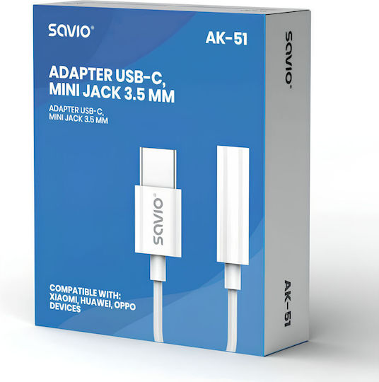 Savio Ak-51 Konverter USB-C männlich zu 3.5mm weiblich Weiß 1Stück