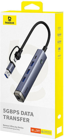 Baseus UltraJoy 4in1 USB Hub 4 USB 3.0 Ports with USB-A USB-C Ethernet Connection Gray