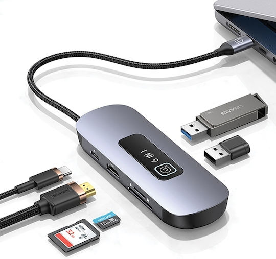 Usams USB Hub 6 Ports USB 3.0 with USB-C Connection Gray