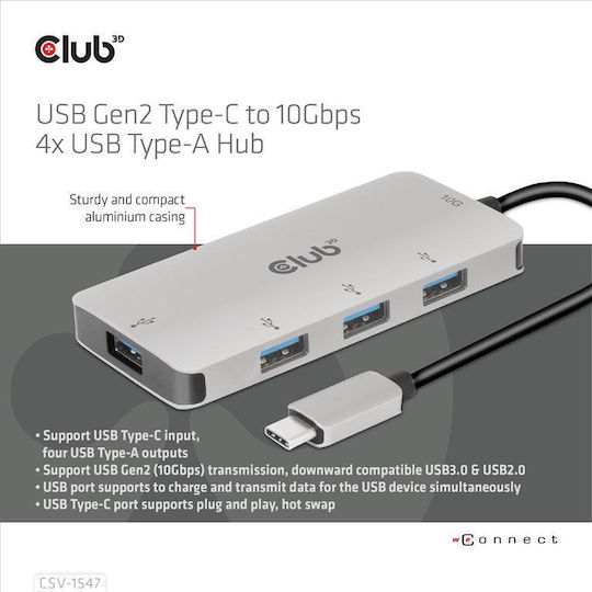 Club3D USB Hub 4 Ports USB 3.0 with USB-C Connection Silver