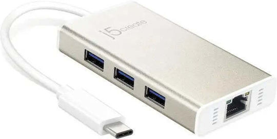 J5create Hub 4 Θυρών USB 3.1 με σύνδεση USB-C / Ethernet Λευκό