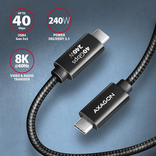 Axagon USB 3.2 Видео Кабел USB-C Мъжки - USB-C 240W Захранване PD Черен 1м BUCM4X-CM10AB