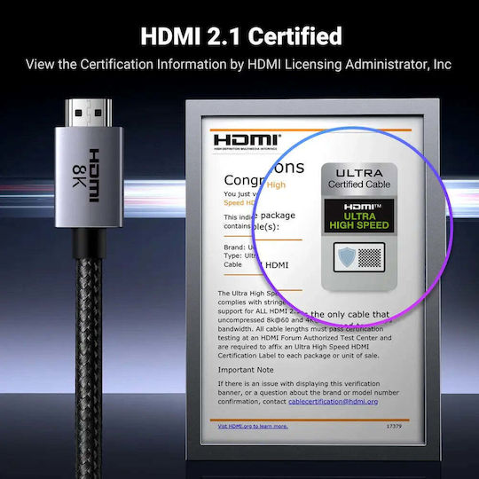 Ugreen Hd171 HDMI 2.1 Ultra High Speed 48Gbps 4K 120Hz HDR VRR Cable HDMI male - HDMI male 2m Γκρι