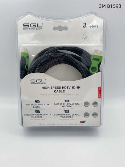 SGL HDMI 1.4 High Speed 1080p 120Hz Braided Cable HDMI male - HDMI male 3m Μαύρο