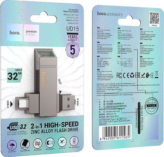 Hoco 32GB USB 2.0 Stick με σύνδεση USB-A & USB-C Μαύρο