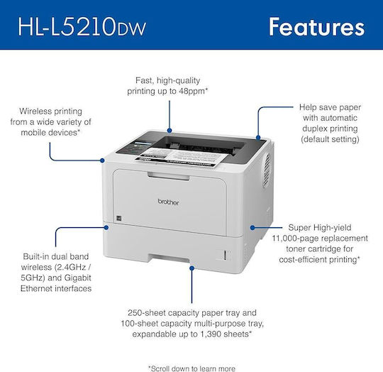 Brother HL-L5210DW Black and White Laser Printer with WiFi and Mobile Printing