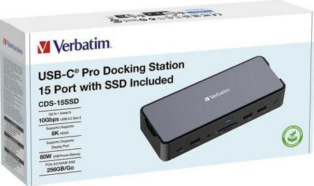 Verbatim Pro 15-in-1 USB-C Docking Station with HDMI/DisplayPort 4K PD Ethernet and Support for 2 Monitors Black