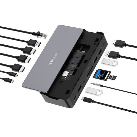 Verbatim Pro 15-in-1 USB-C Docking Station with HDMI/DisplayPort 4K PD Ethernet and Support for 2 Monitors Black