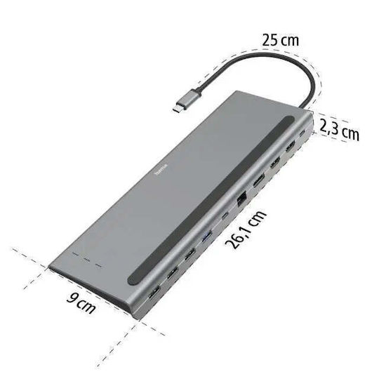HAMA Connect2Office Pro USB-C Stație de andocare cu HDMI/DisplayPort 4K PD Ethernet și conexiune 2 monitoare Gri