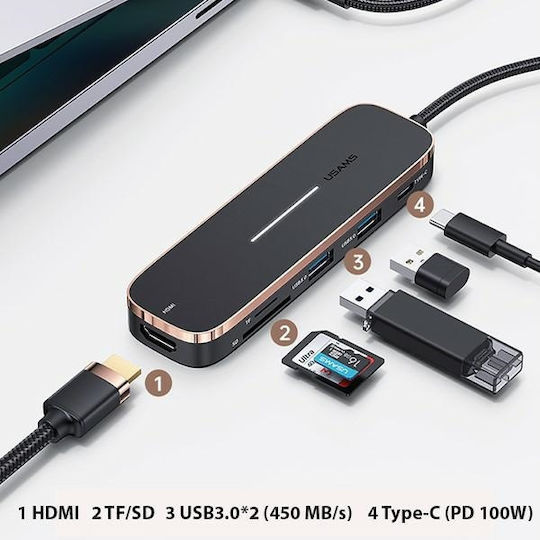 Usams SJ575 USB-C Stație de andocare cu HDMI 4K PD Negru