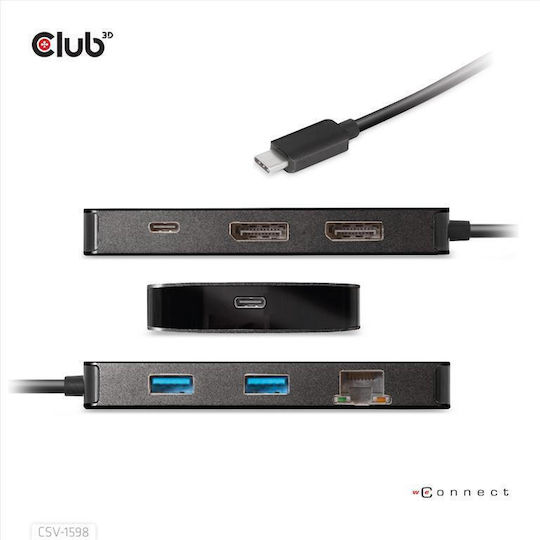 Club3D USB-C Docking Station με DisplayPort 4K PD Ethernet και συνδεση 2 Οθονών Μαύρο (CSV-1598)