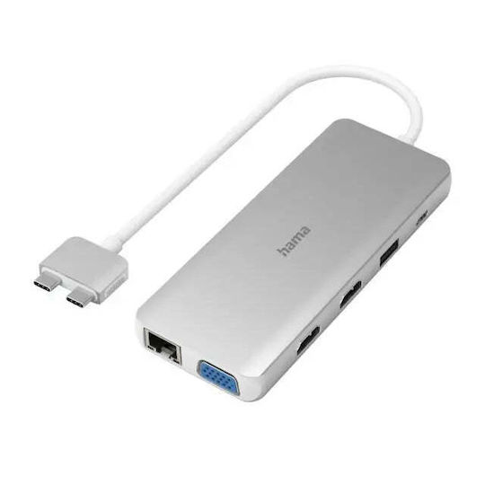 HAMA Connect2Mac USB-C dublu Stație de andocare cu HDMI 4K PD Ethernet și conexiune 2 monitoare Argintiu