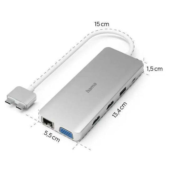 HAMA Connect2Mac USB-C dublu Stație de andocare cu HDMI 4K PD Ethernet și conexiune 2 monitoare Argintiu