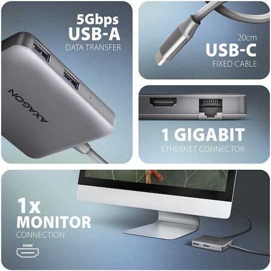 Axagon HMC-5HL USB-C Docking Station mit HDMI 4K PD Ethernet Gray