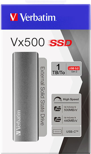 Verbatim Vx500 USB 3.1 / USB-C / USB 3.0 / USB 3.2 External M.2 SSD 1TB Silver