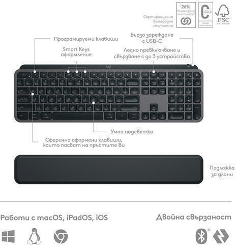 Logitech MX Keys S & MX Keys Mini Wireless Bluetooth Keyboard Only International English Graphite with Wrist Support