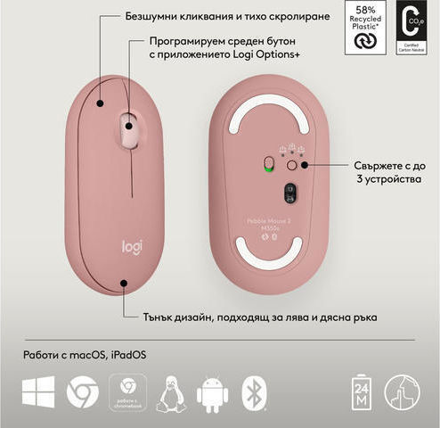 Logitech Pebble 2 Ασύρματο Σετ Πληκτρολόγιο & Ποντίκι Αγγλικό US Ροζ