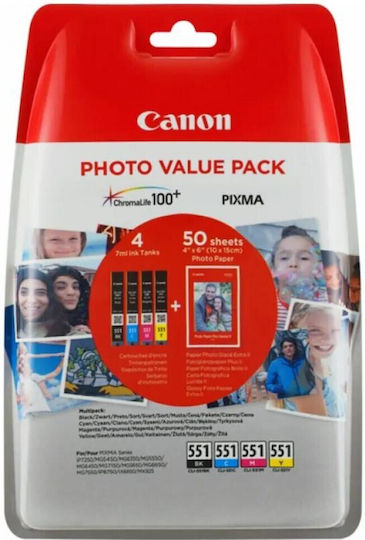Canon CLI-551 Original Photo Value Pack with 4 InkJet Printer Inks Yellow / Cyan / Magenta / Black (6508B005)