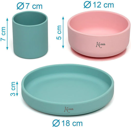 Kiokids Комплект за Хранене от Силикон с Противоплъзгаща Основа Розов Розово/Мента 3бр