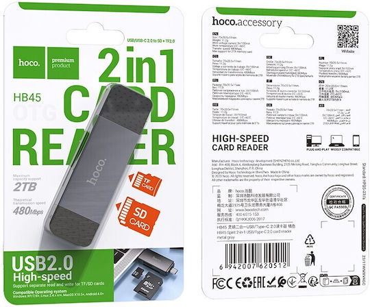 Hoco Cititor Carduri 2în1 Usb A + Type C 2.0 Metal Gri