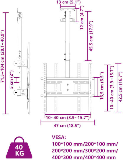 vidaXL 379576 Βάση Τηλεόρασης Οροφής έως 65" Μαύρο