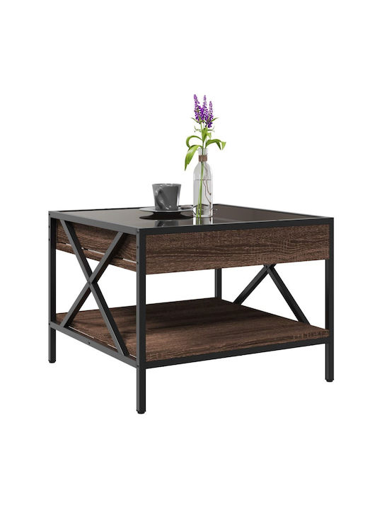 Square Side Table Glass Brown Oak M50xL50xH38cm