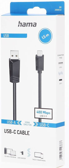 HAMA Cablu USB 2.0 USB-C Masculin - USB-A Negru 1.5m 00200632