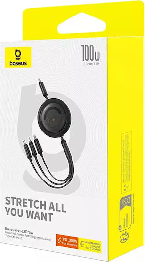 Baseus Free2draw Retractable USB to Type-C / Lightning / micro USB Cable 3.5A Μαύρο 1.1m P10368700111-04