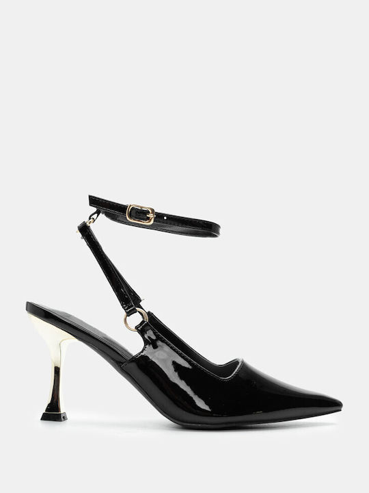 Luigi Patent Leather Pointed Toe Black High Heels with Strap