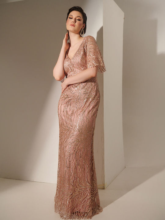 Maxi Βραδινό Φόρεμα με Διαφάνεια Gold Pink
