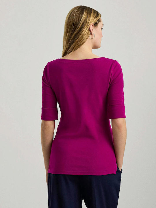 Women's Blouse Cotton Short Sleeve with Boat Neckline Fuchsia
